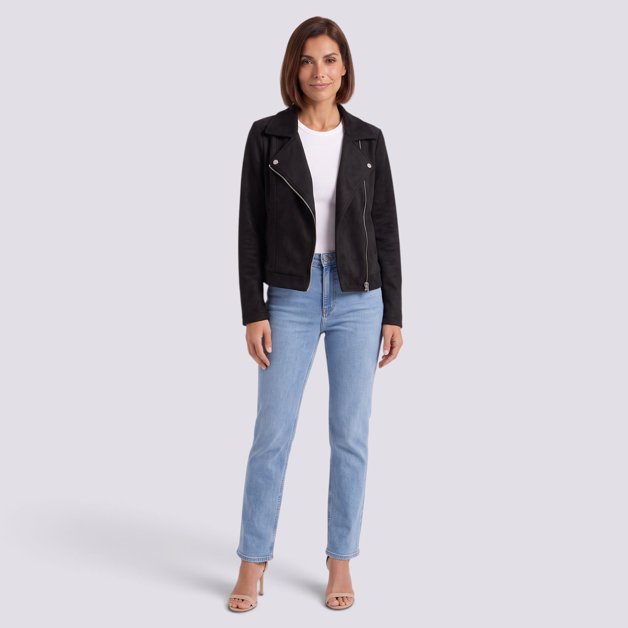 Chaqueta motera mujer efecto ante negra con solapas y cremallera, vista frontal