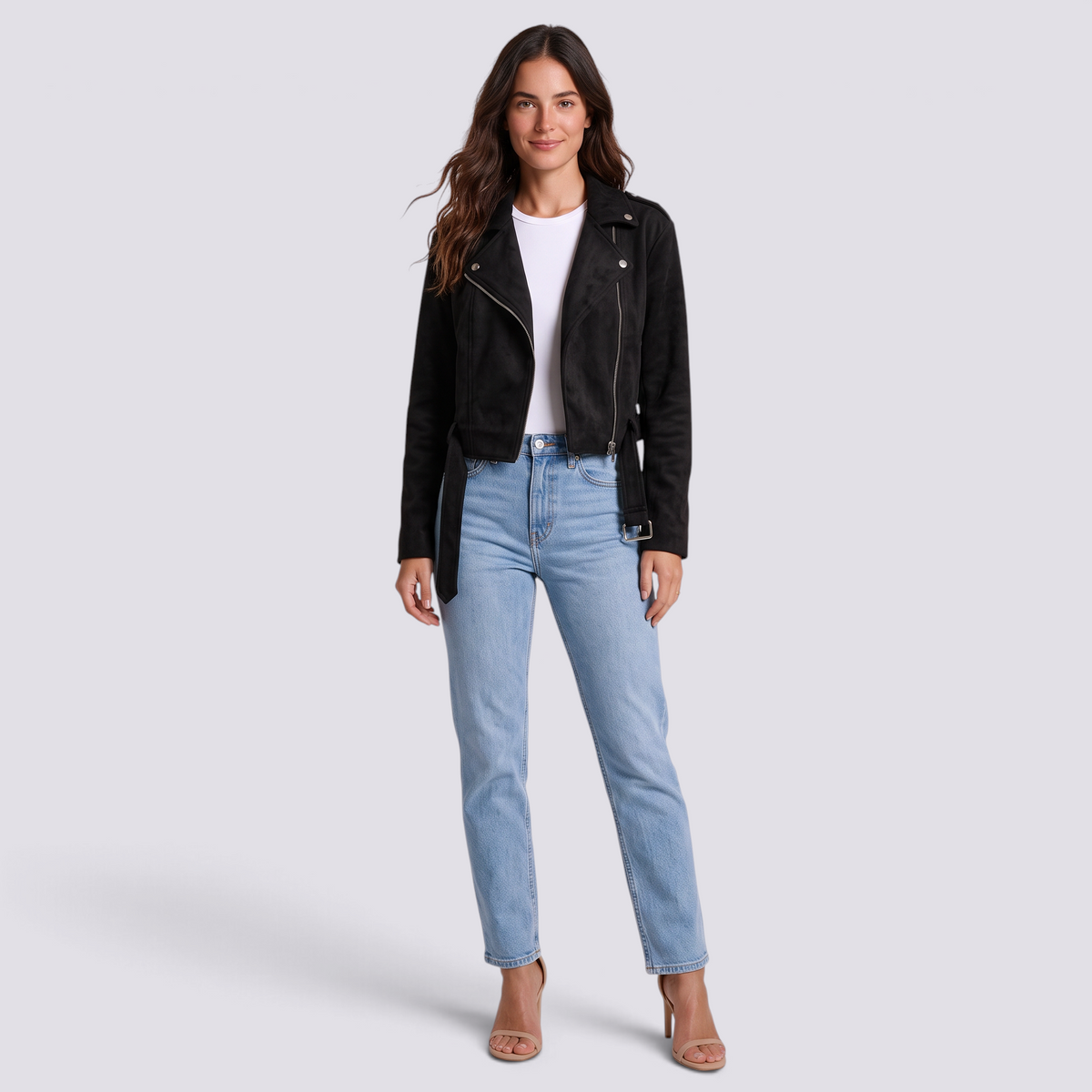 Chaqueta motera mujer efecto ante negra con cinturón y solapas, vista frontal