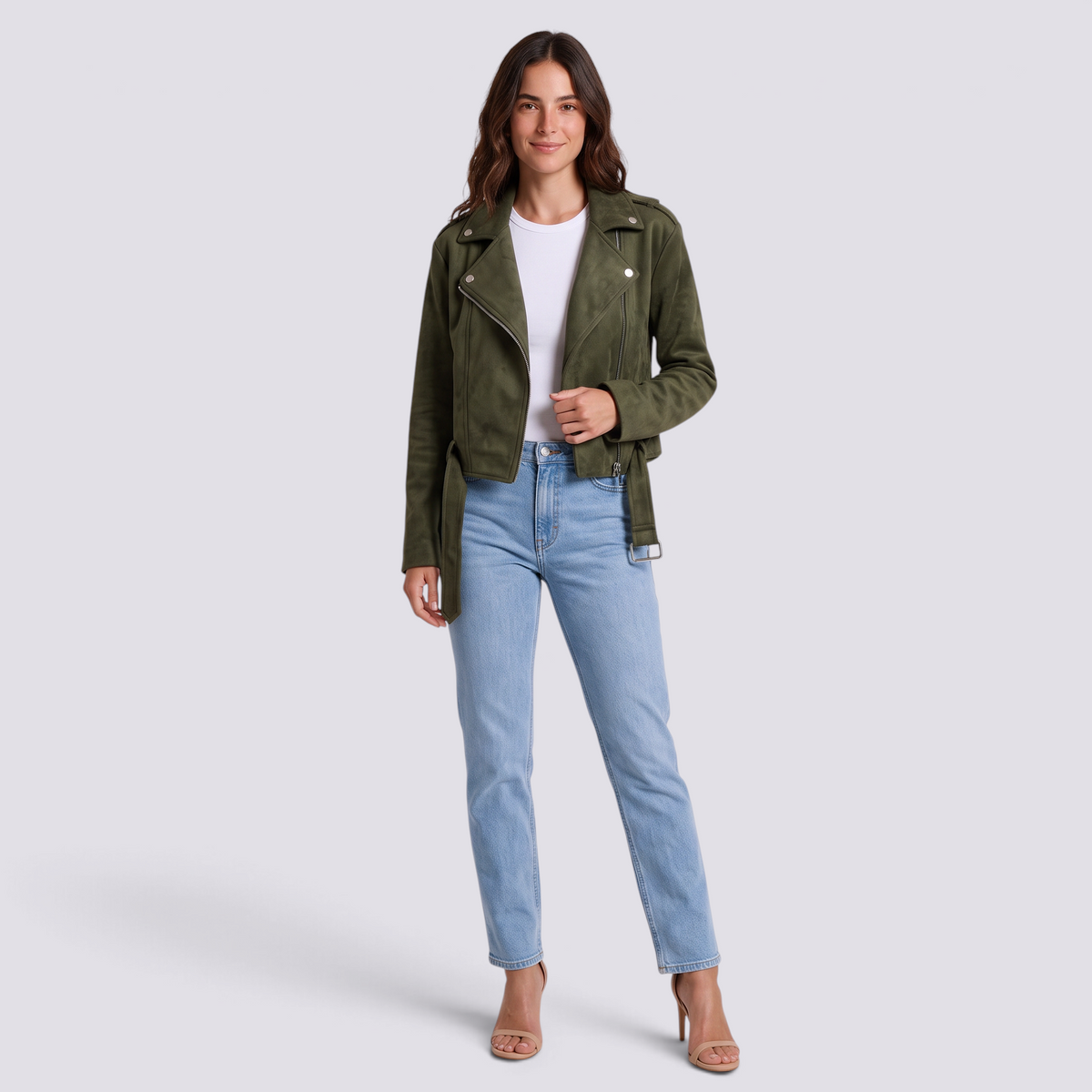 Chaqueta motera mujer efecto ante verde militar con cinturón y solapas, vista frontal