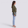 Chaqueta motera de mujer efecto ante con cinturón y solapas color verde militar, vista lateral
