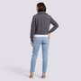 Chaqueta motera mujer corta gris oscuro con cinturón y cremallera, vista trasera