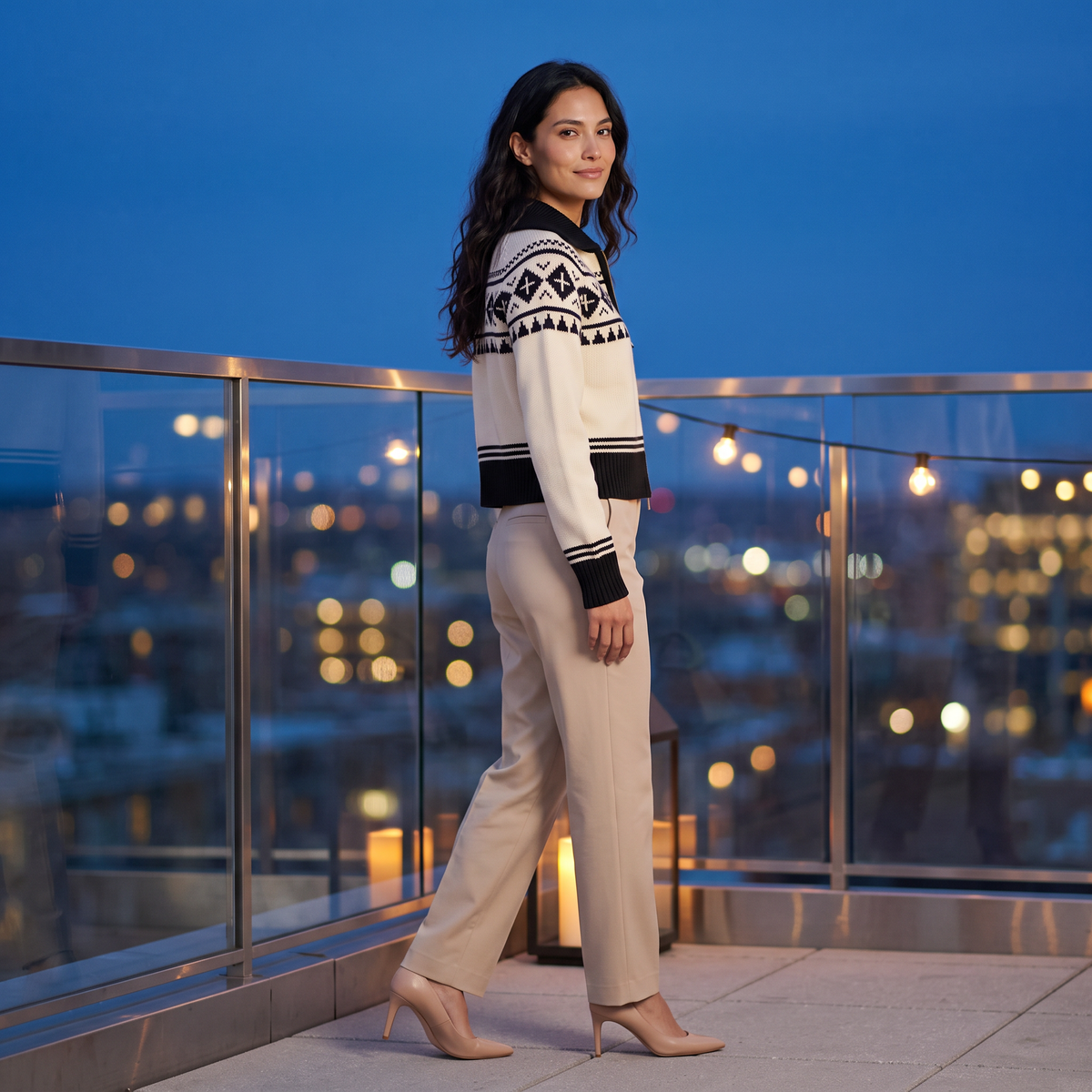 Mujer paseando por una terraza al atardecer con chaqueta de punto con cremallera y greca jacquard en crema y negro