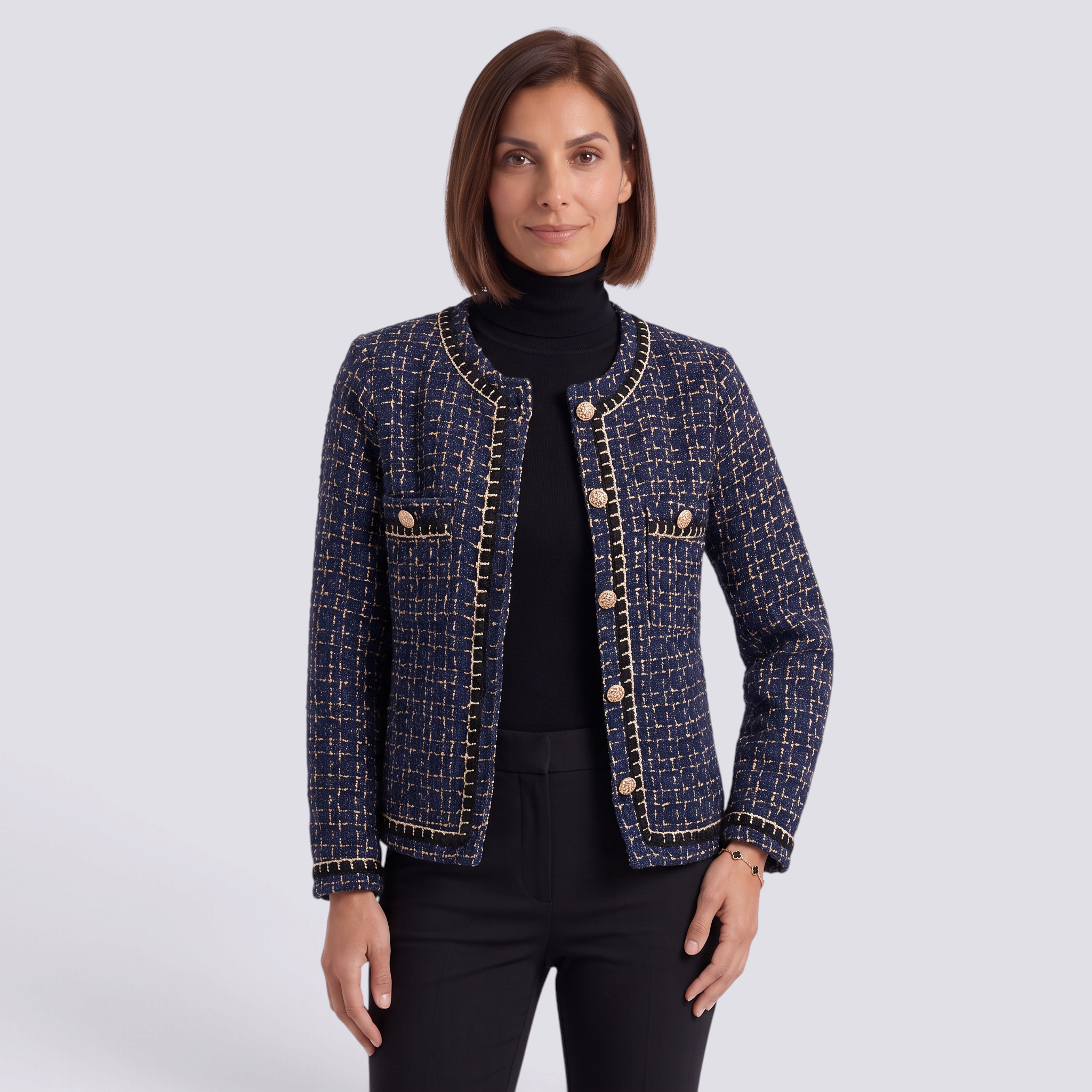 Chaqueta de mujer efecto tweed con cuello redondo y botones dorados, vista frontal
