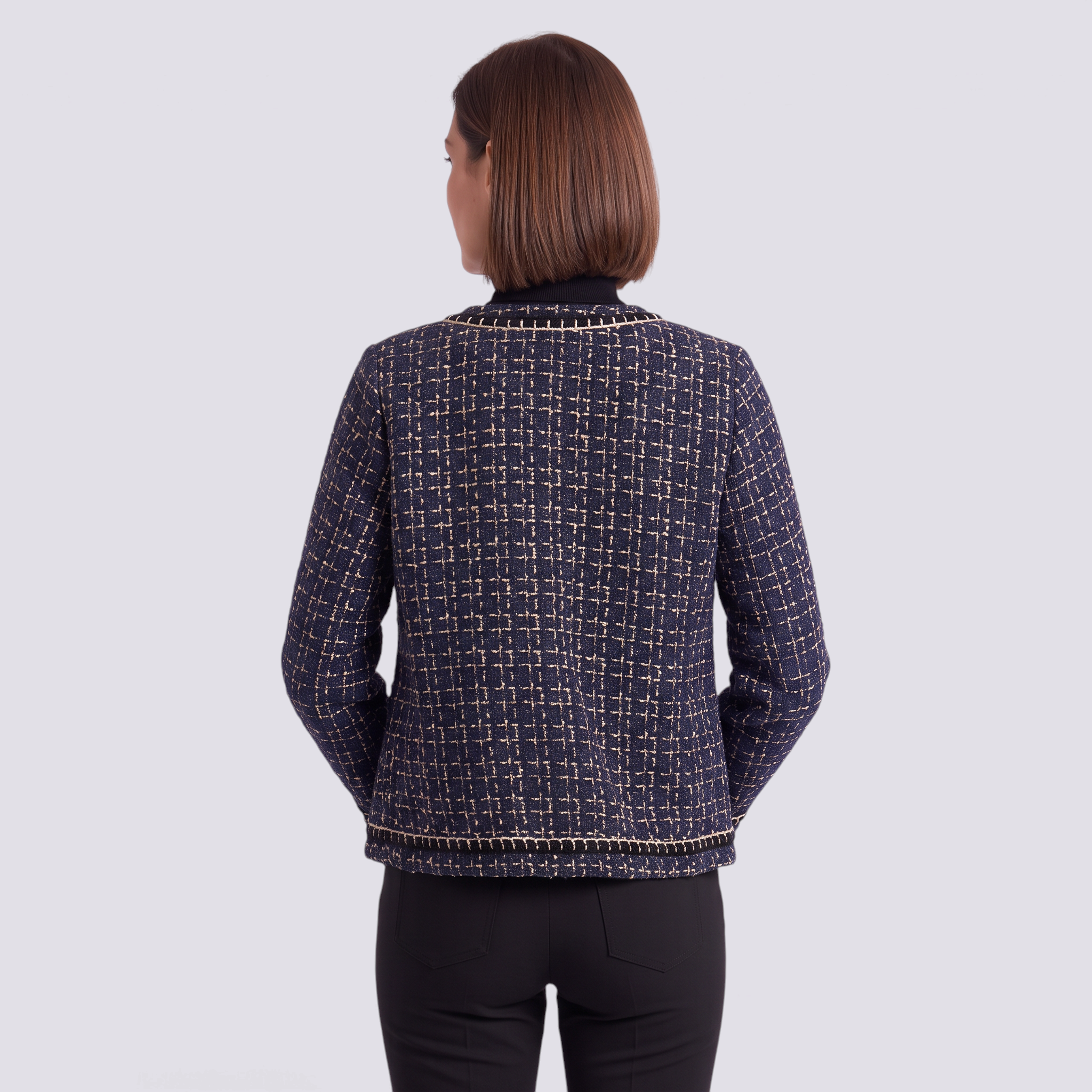 Chaqueta de mujer efecto tweed con ribete trenzado en el bajo, vista trasera