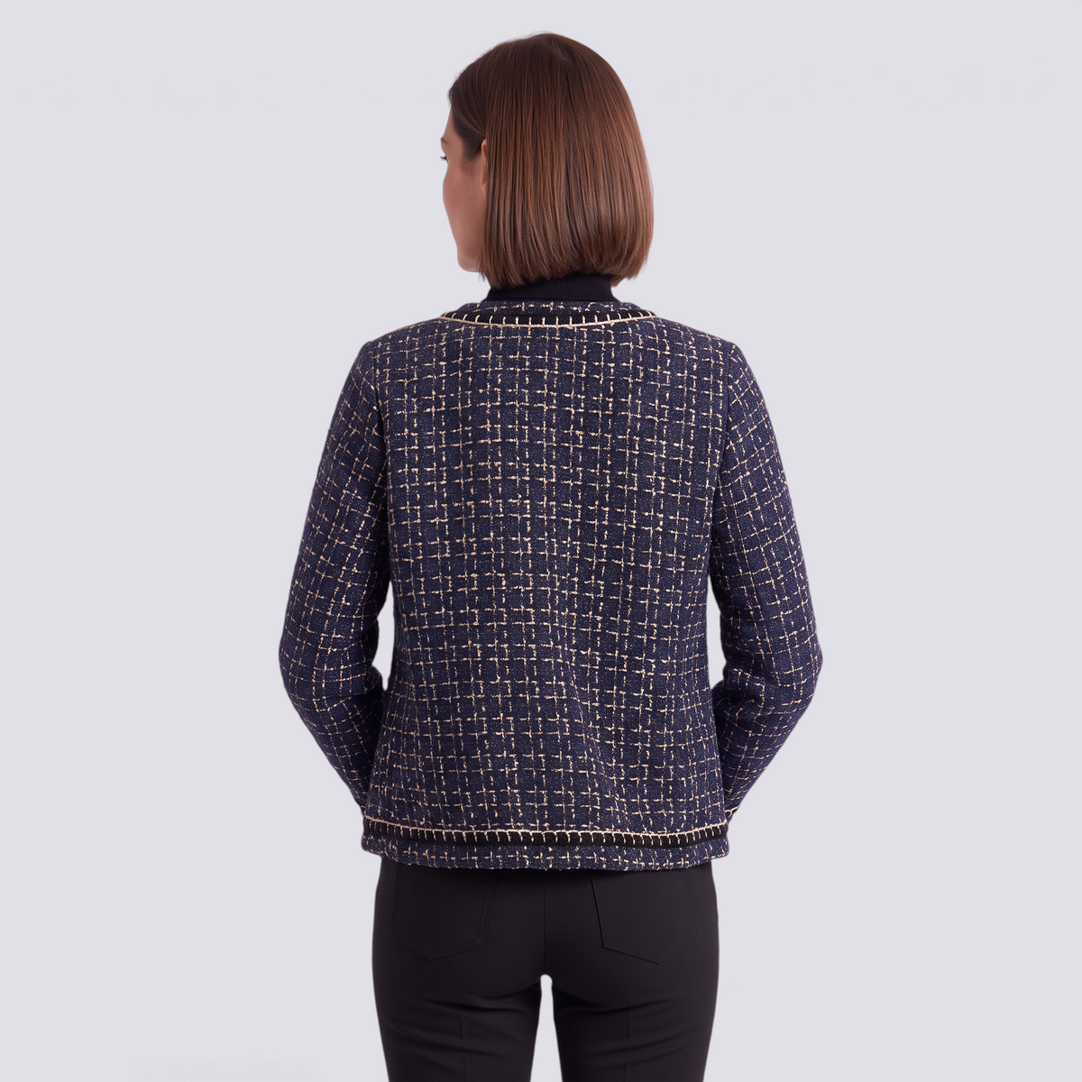 Chaqueta de mujer efecto tweed con ribete trenzado en el bajo, vista trasera