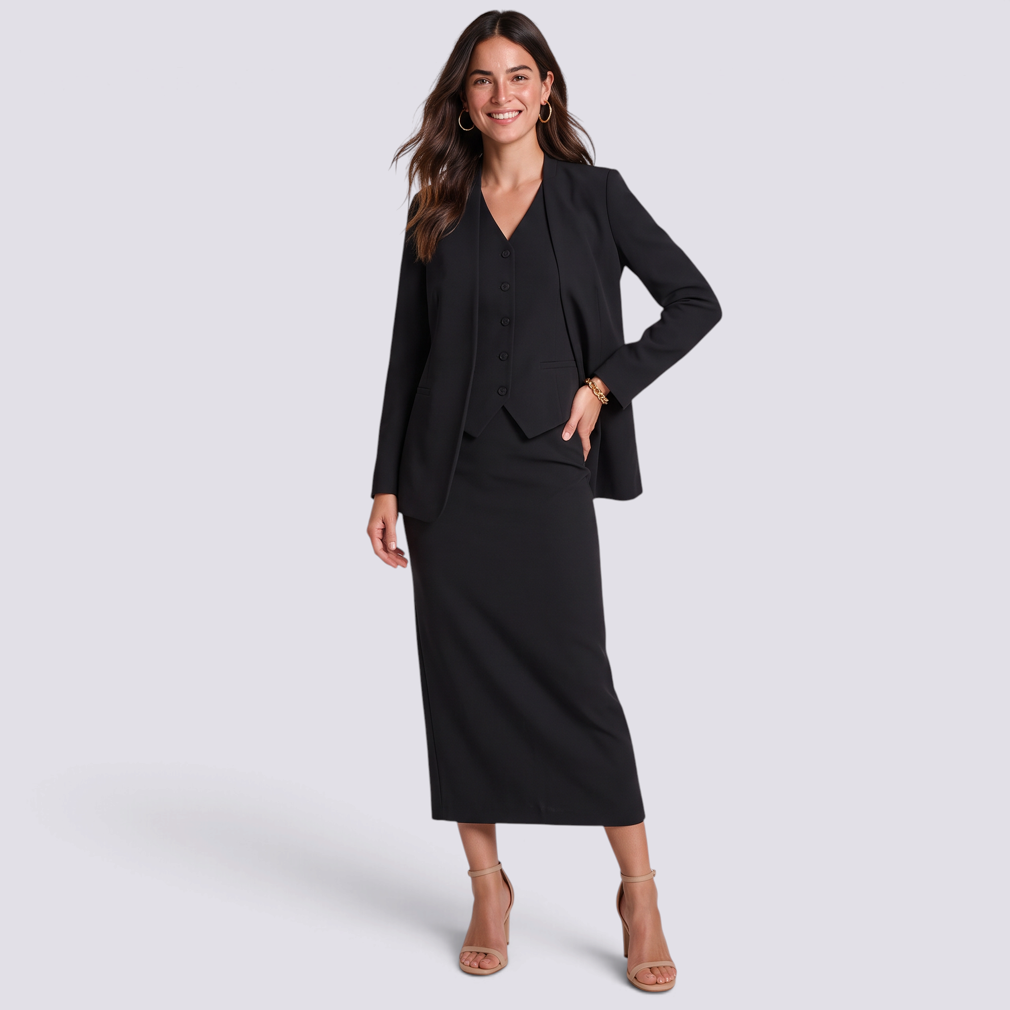 Conjunto mujer blazer chaleco y falda midi negro, vista frontal