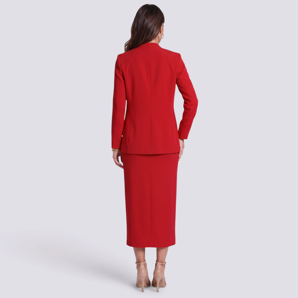 Conjunto mujer blazer chaleco y falda midi rojo, vista trasera
