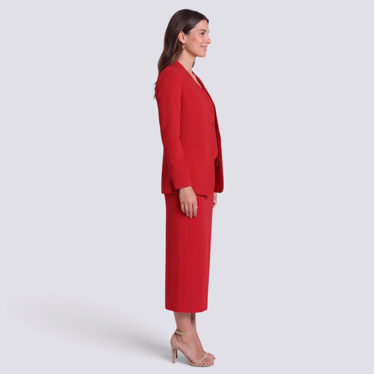 Conjunto mujer blazer chaleco y falda midi rojo, vista lateral