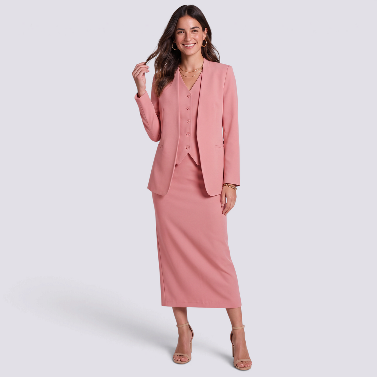 Conjunto mujer blazer chaleco y falda midi rosa, vista frontal