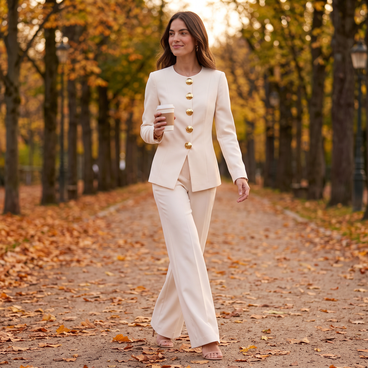 Mujer paseando en otoño con conjunto blazer de botones dorados y pantalón ancho