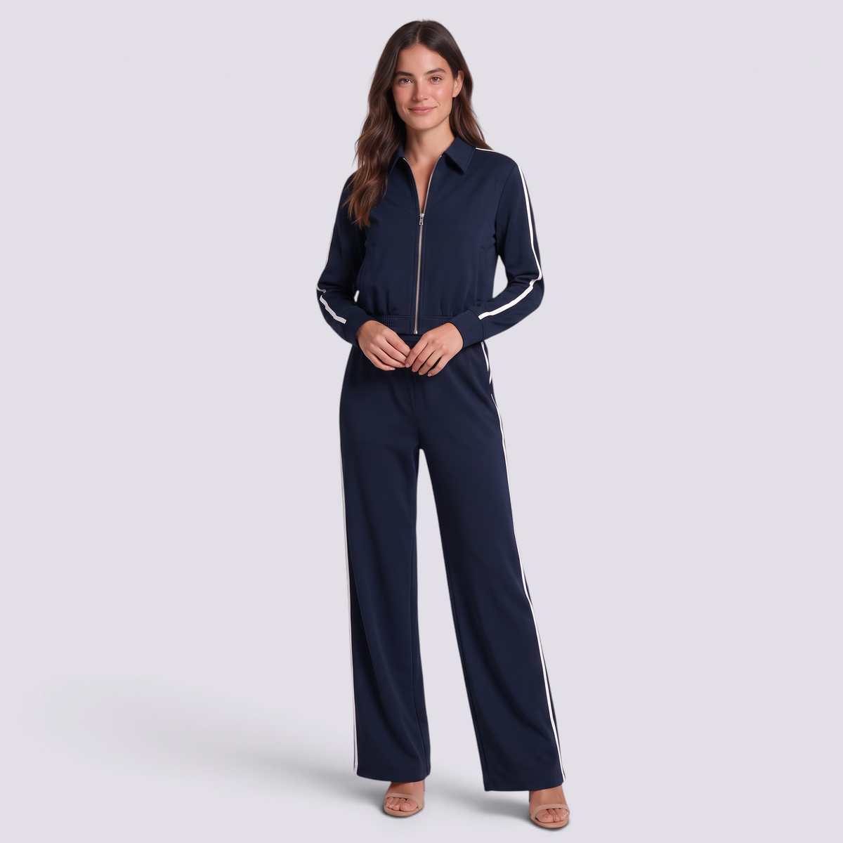 Conjunto deportivo mujer chaqueta corta y pantalón ancho, Azul Marino, vista frontal