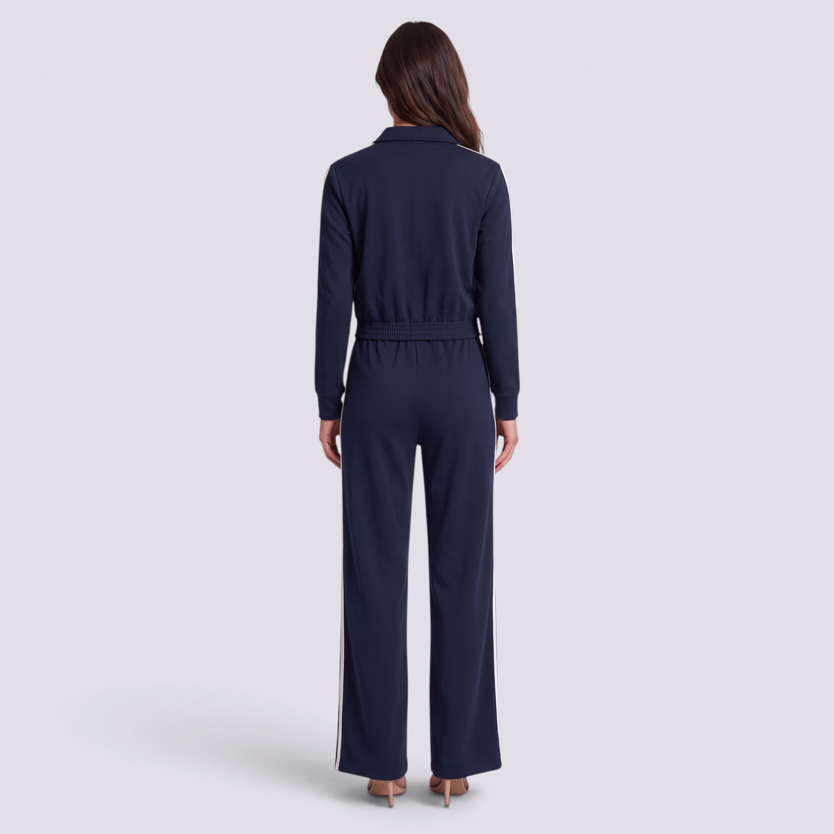 Conjunto deportivo mujer chaqueta corta y pantalón ancho, Azul Marino, vista trasera