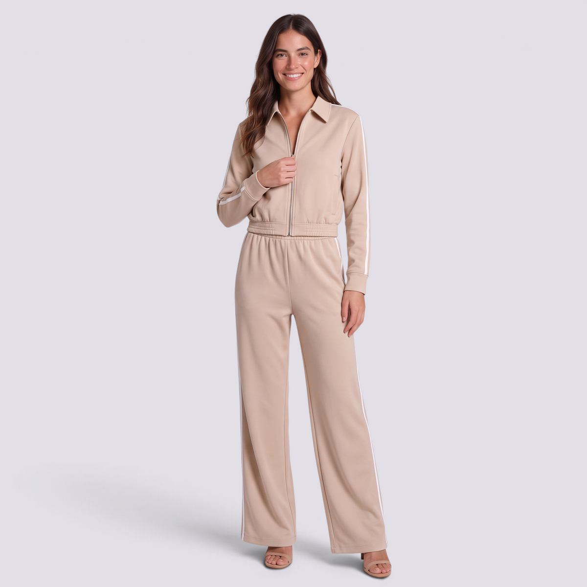 Conjunto deportivo mujer chaqueta corta y pantalón ancho, Beige, vista frontal