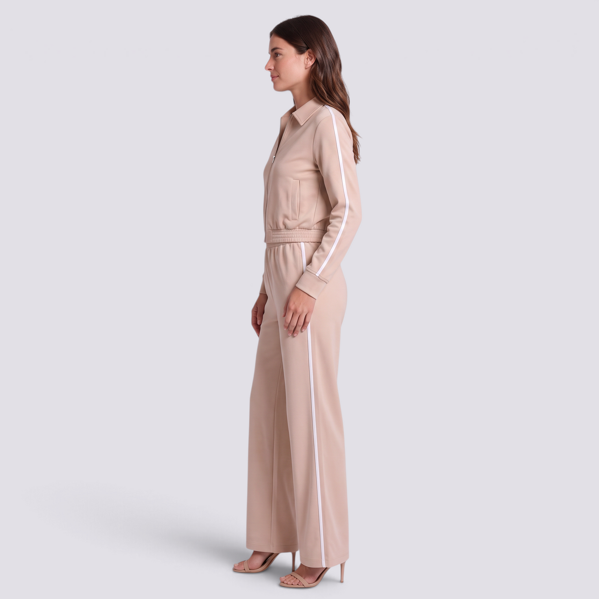 Conjunto deportivo mujer chaqueta corta y pantalón ancho, Beige, vista lateral