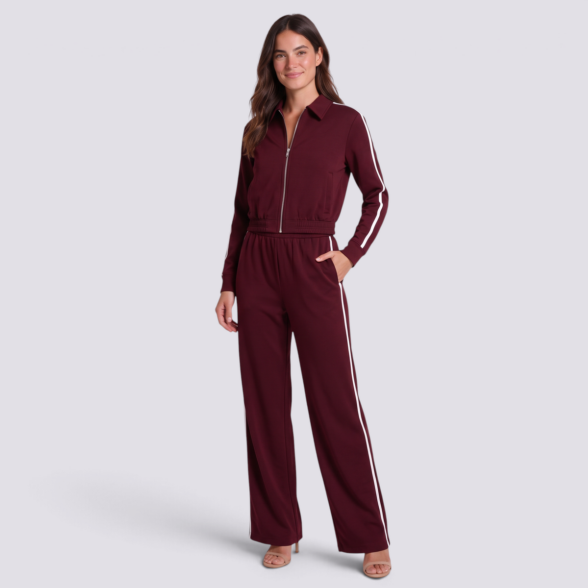 Conjunto deportivo mujer chaqueta corta y pantalón ancho, Burdeos, vista frontal