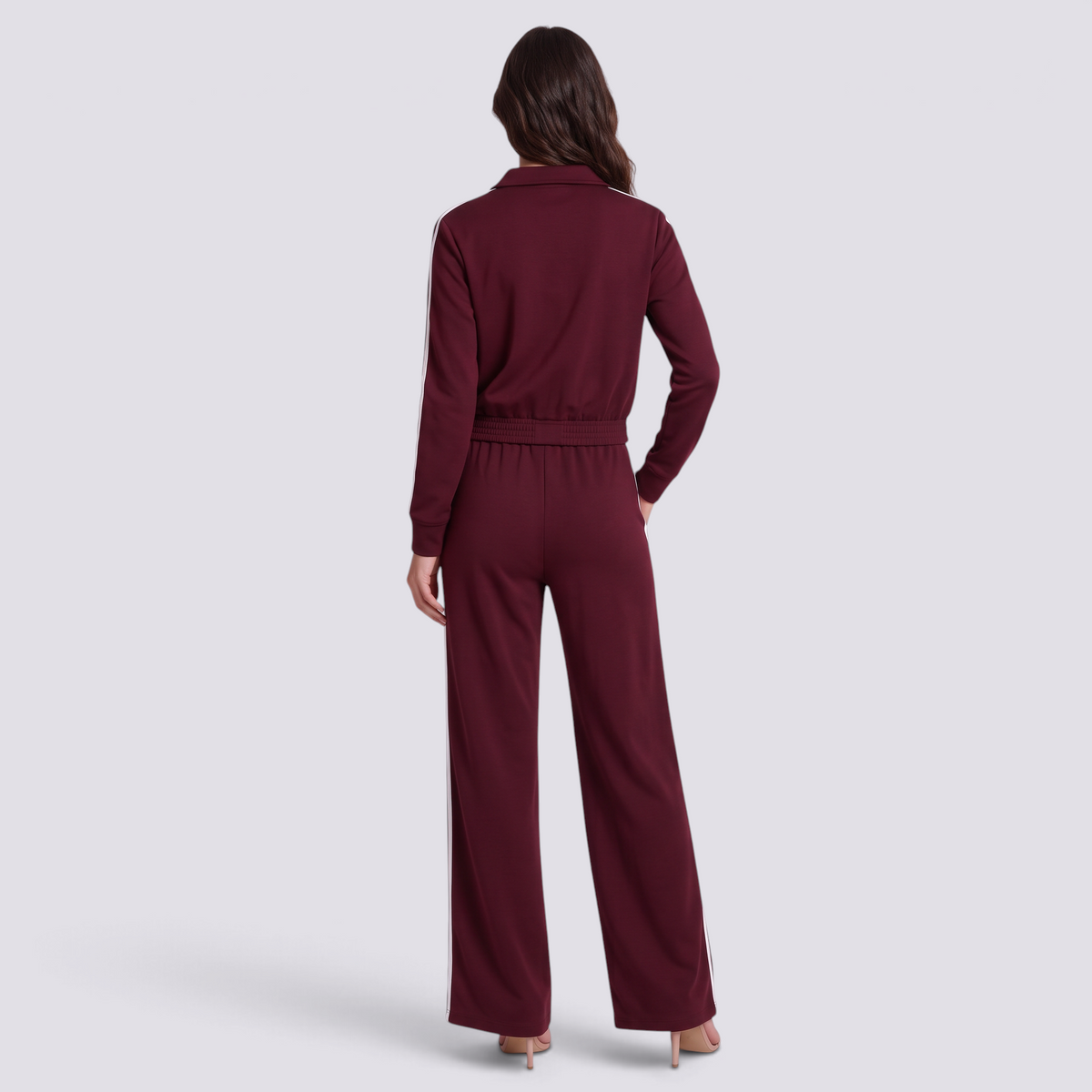 Conjunto deportivo mujer chaqueta corta y pantalón ancho, Burdeos, vista trasera