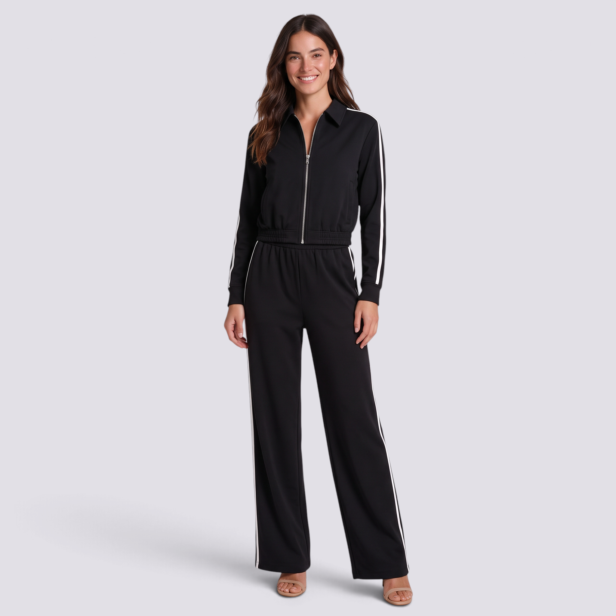 Conjunto deportivo mujer chaqueta corta y pantalón ancho, Negro, vista frontal
