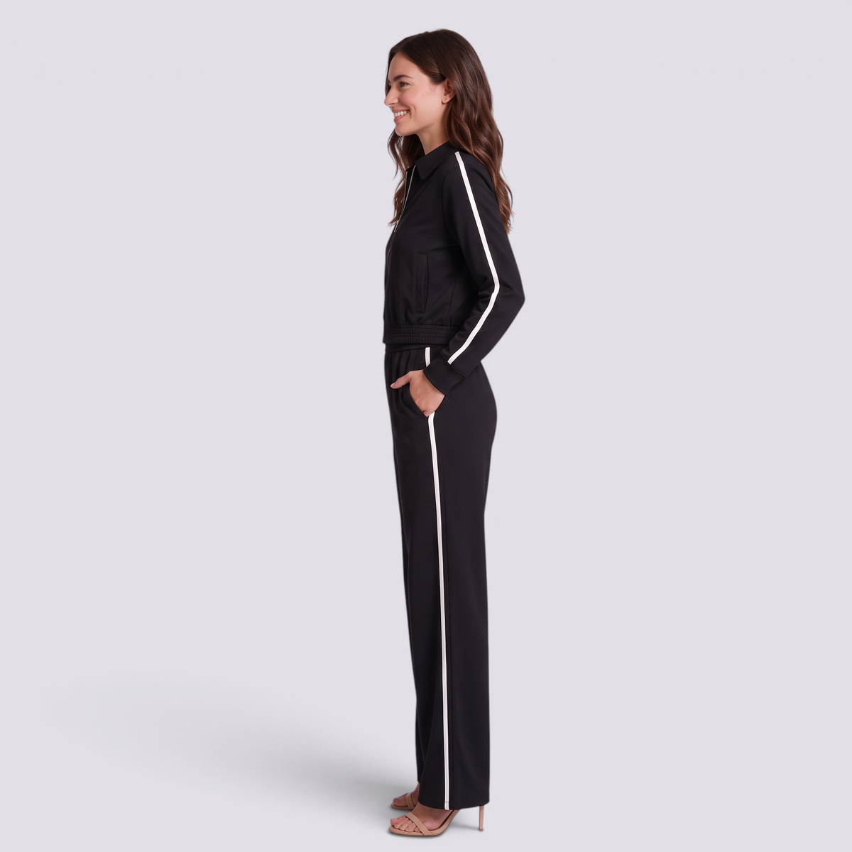 Conjunto deportivo mujer chaqueta corta y pantalón ancho, Negro, vista lateral