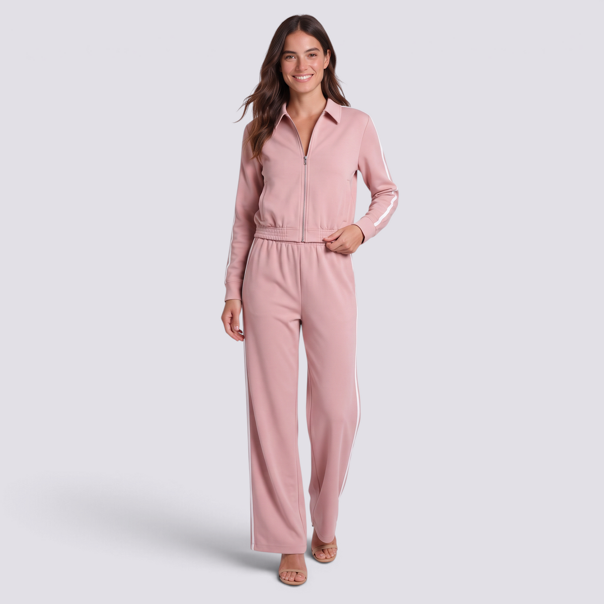 Conjunto deportivo mujer chaqueta corta y pantalón ancho, Rosa, vista frontal