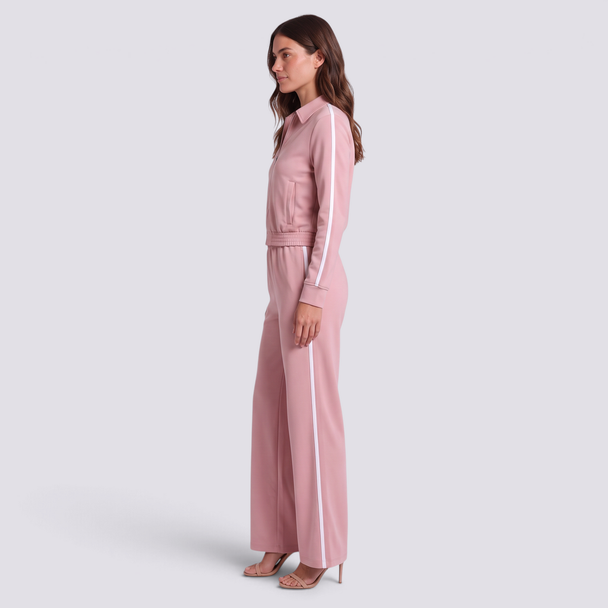 Conjunto deportivo mujer chaqueta corta y pantalón ancho, Rosa, vista lateral
