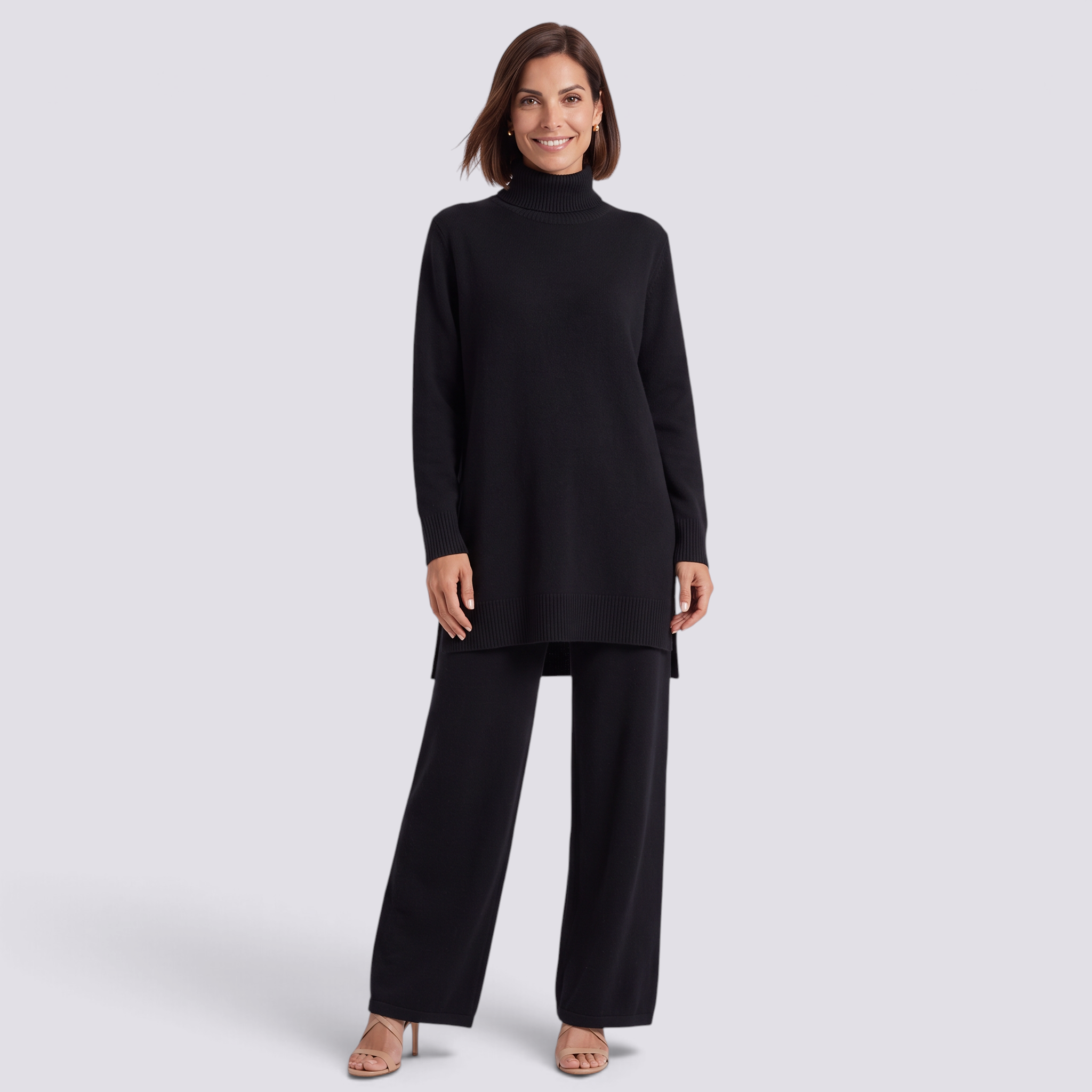 Conjunto jersey largo y pantalón ancho mujer en negro, vista frontal