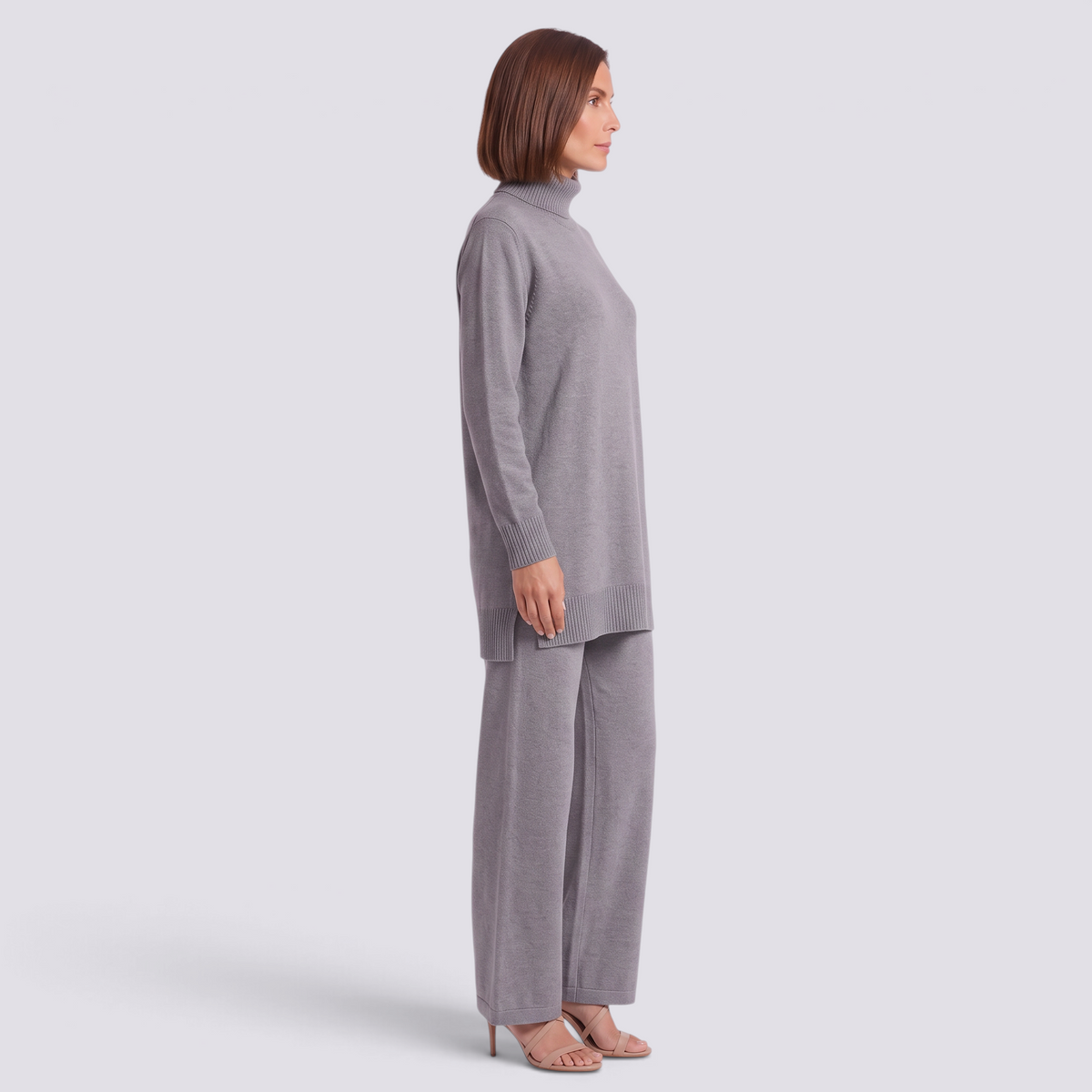 Conjunto jersey largo y pantalón ancho mujer en gris, vista lateral