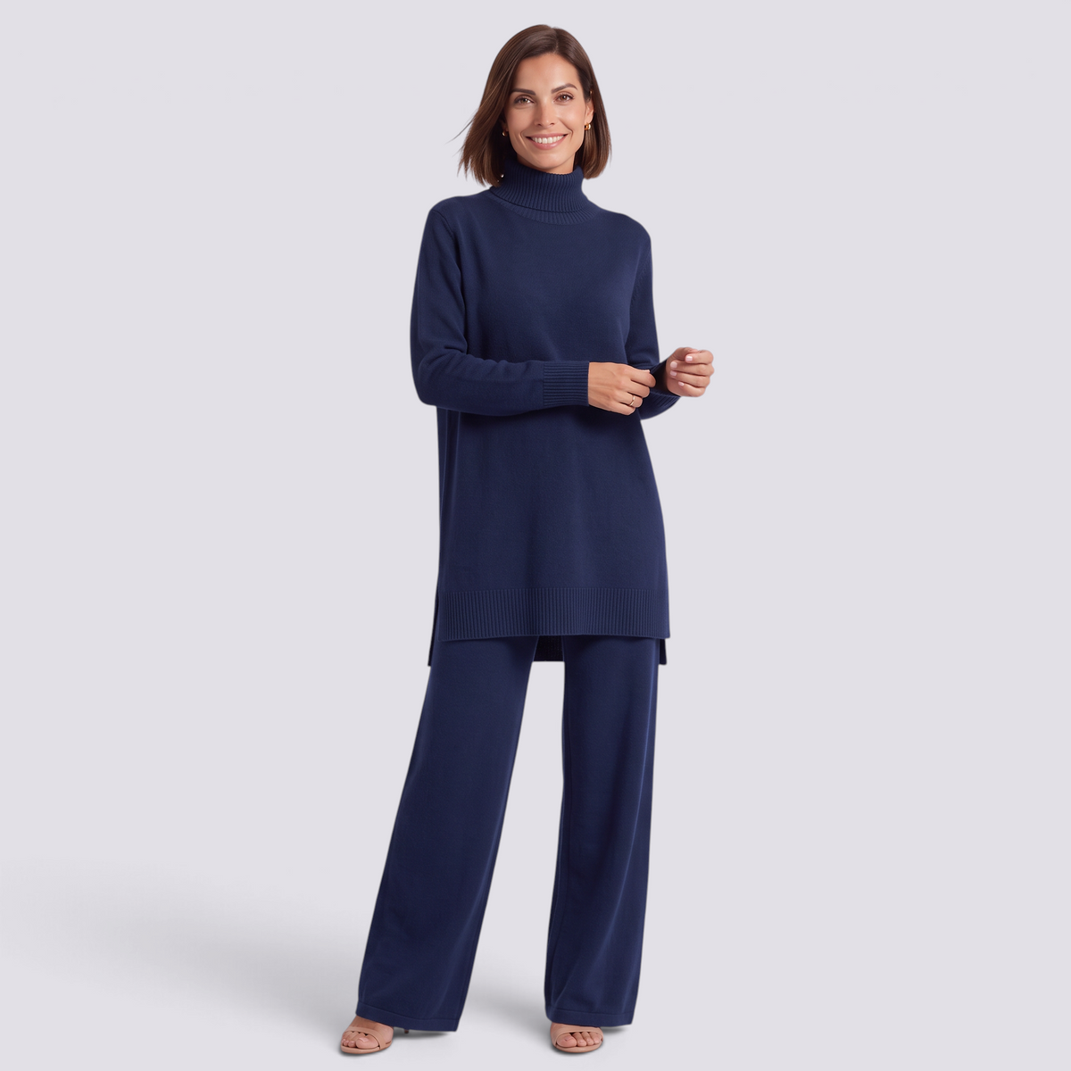 Conjunto jersey largo y pantalón ancho mujer en azul marino, vista frontal