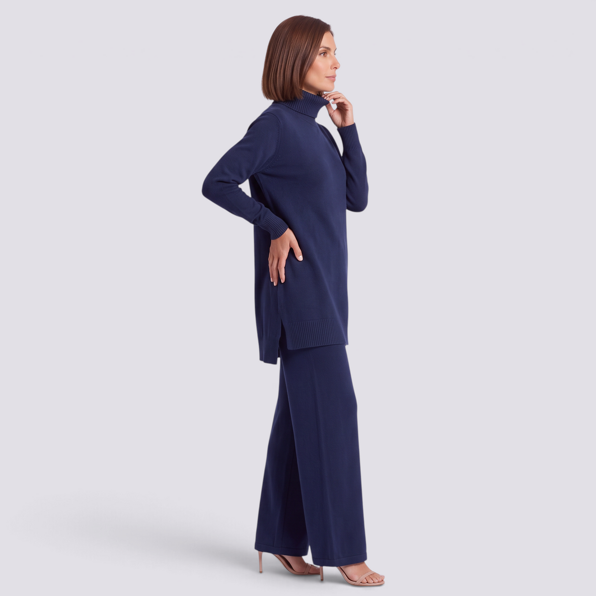 Conjunto jersey largo y pantalón ancho mujer en azul marino, vista lateral