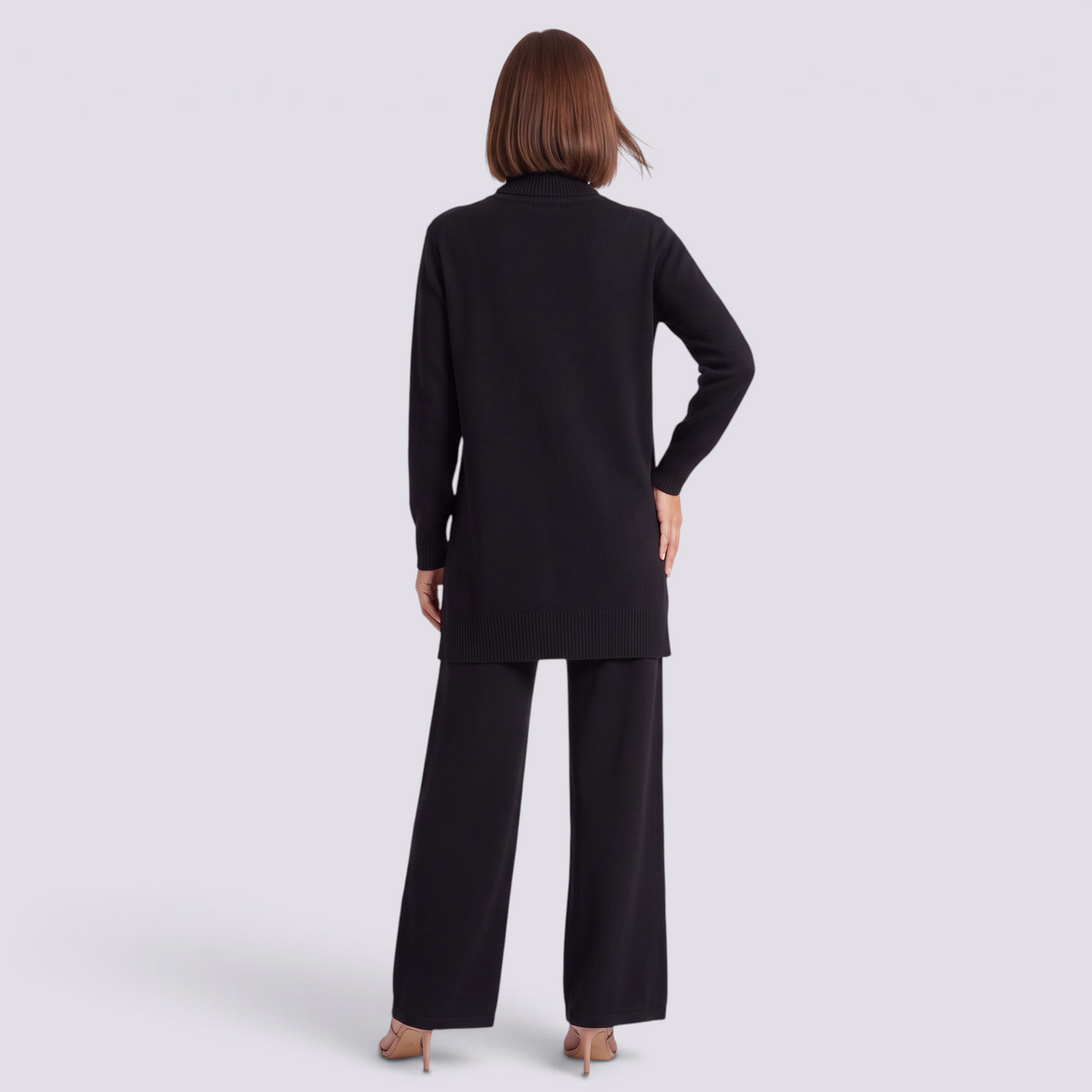 Conjunto jersey largo y pantalón ancho mujer en negro, vista trasera