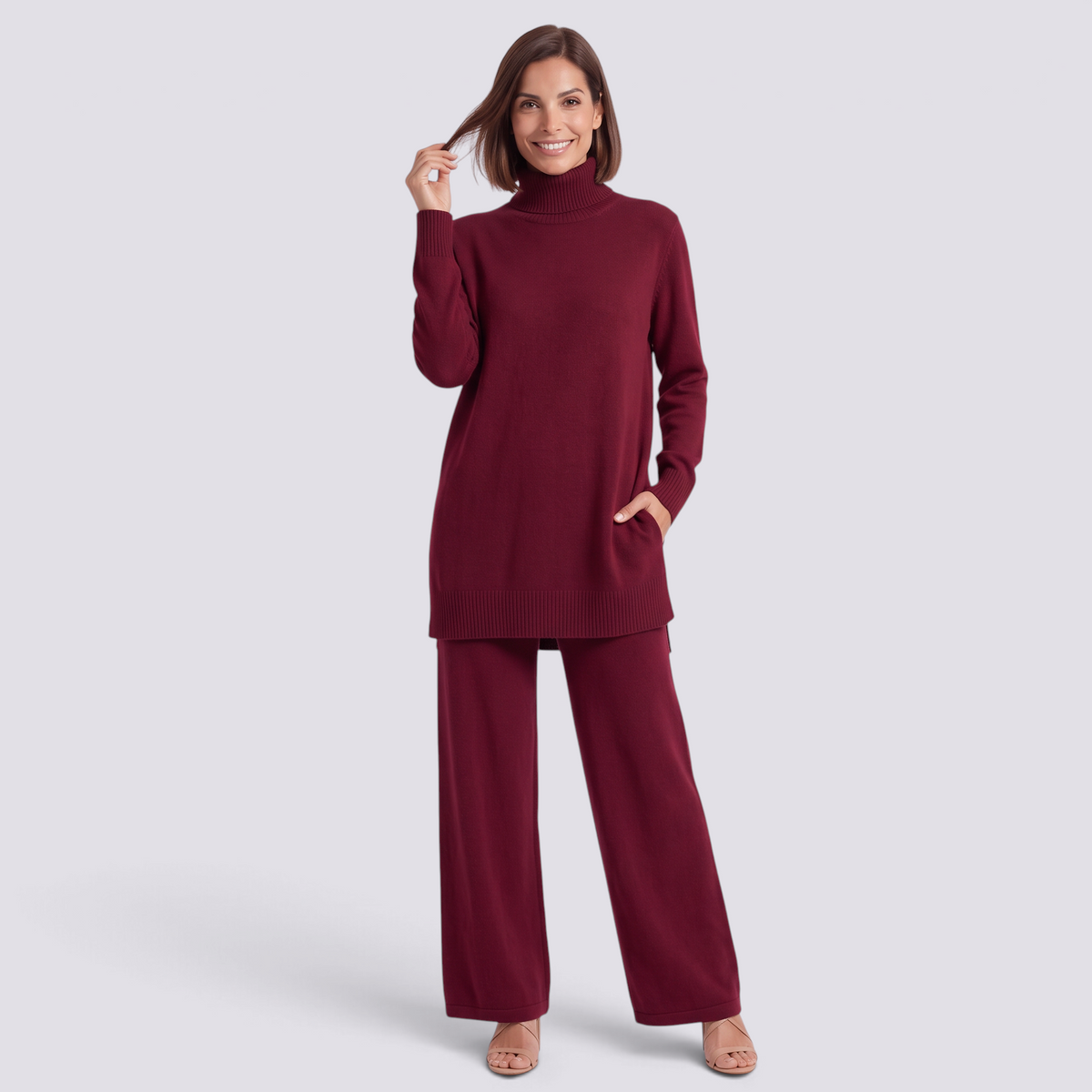 Conjunto jersey largo y pantalón ancho mujer en burdeos, vista frontal