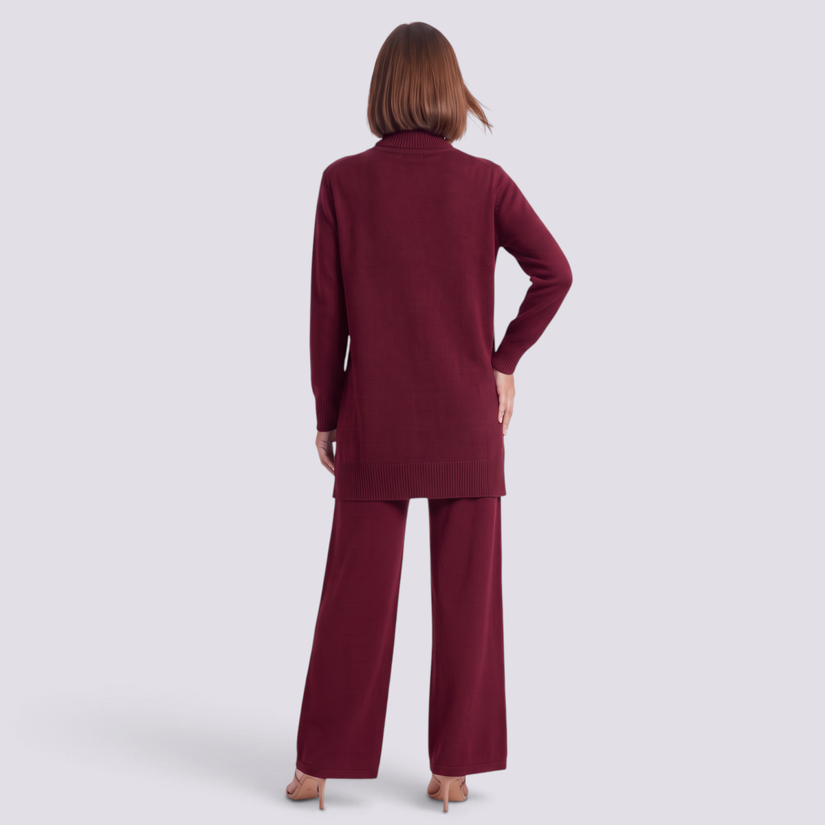 Conjunto jersey largo y pantalón ancho mujer en burdeos, vista trasera