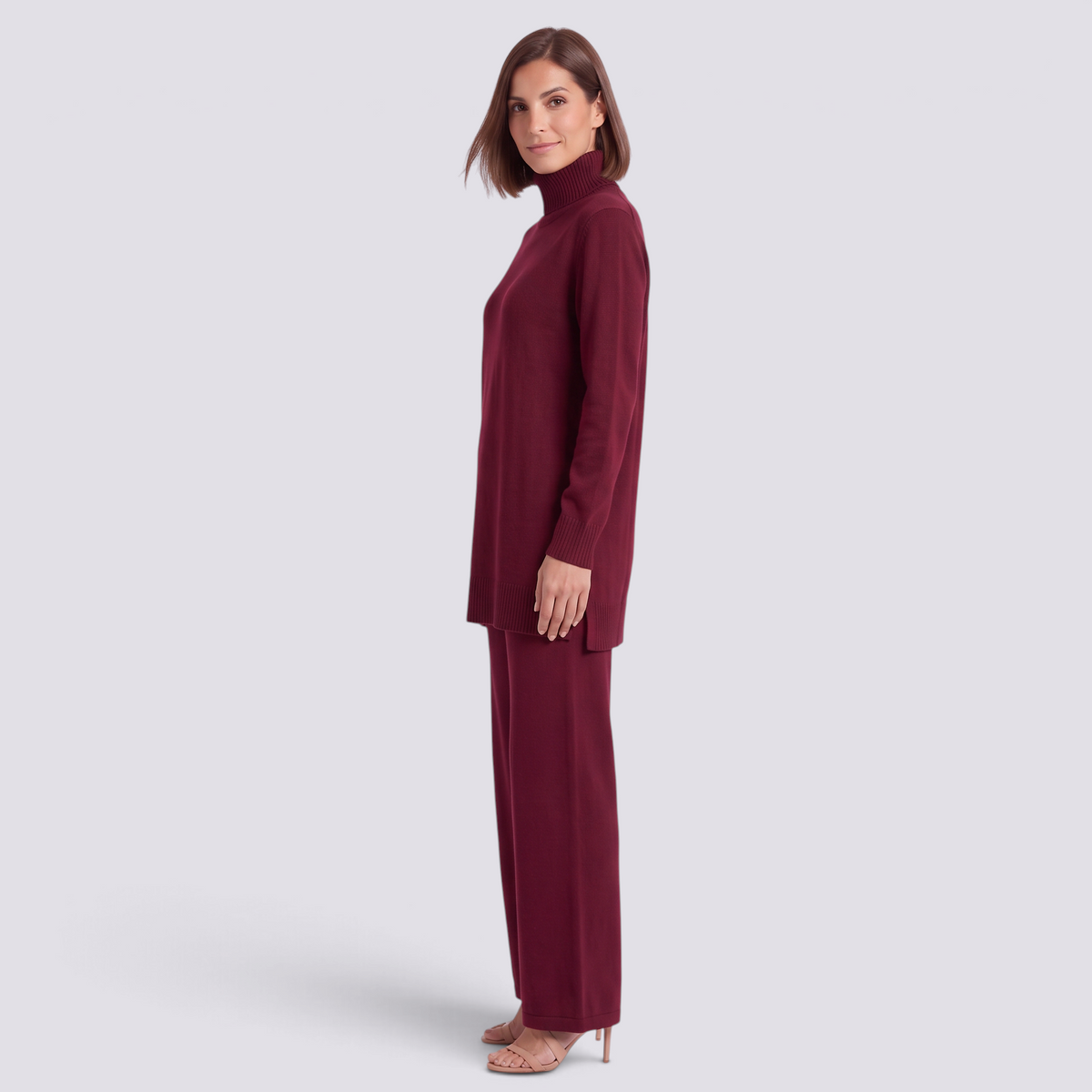 Conjunto jersey largo y pantalón ancho mujer en burdeos, vista lateral