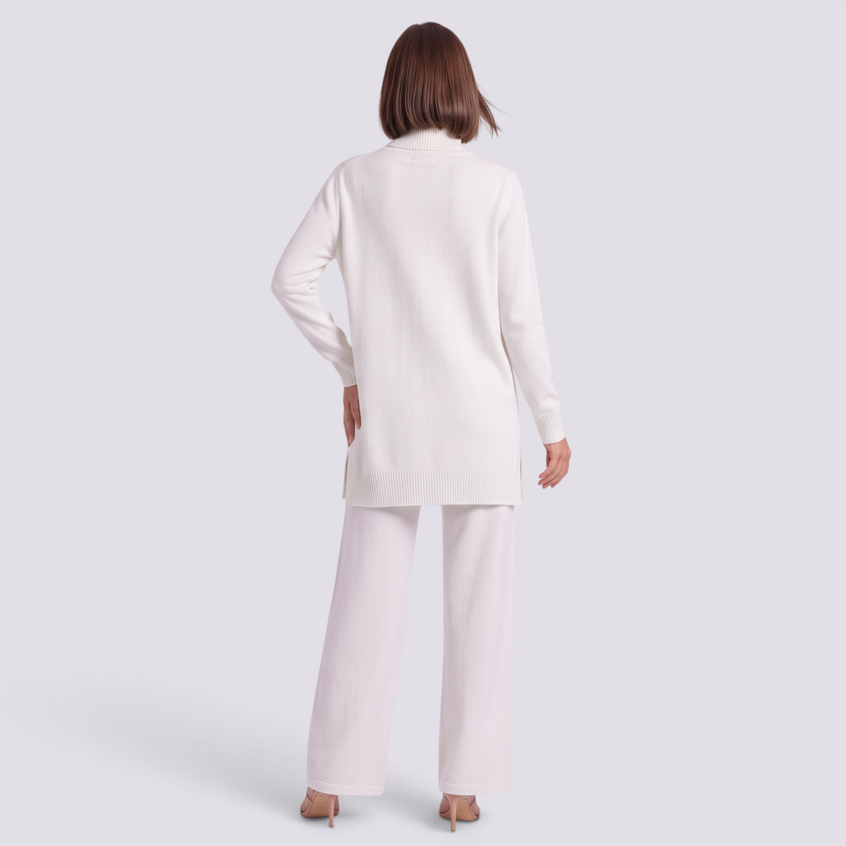 Conjunto jersey largo y pantalón ancho mujer en blanco, vista trasera