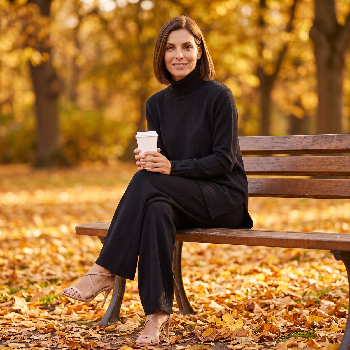 Conjunto jersey largo y pantalón ancho mujer en negro, look de otoño sentada en un banco del parque
