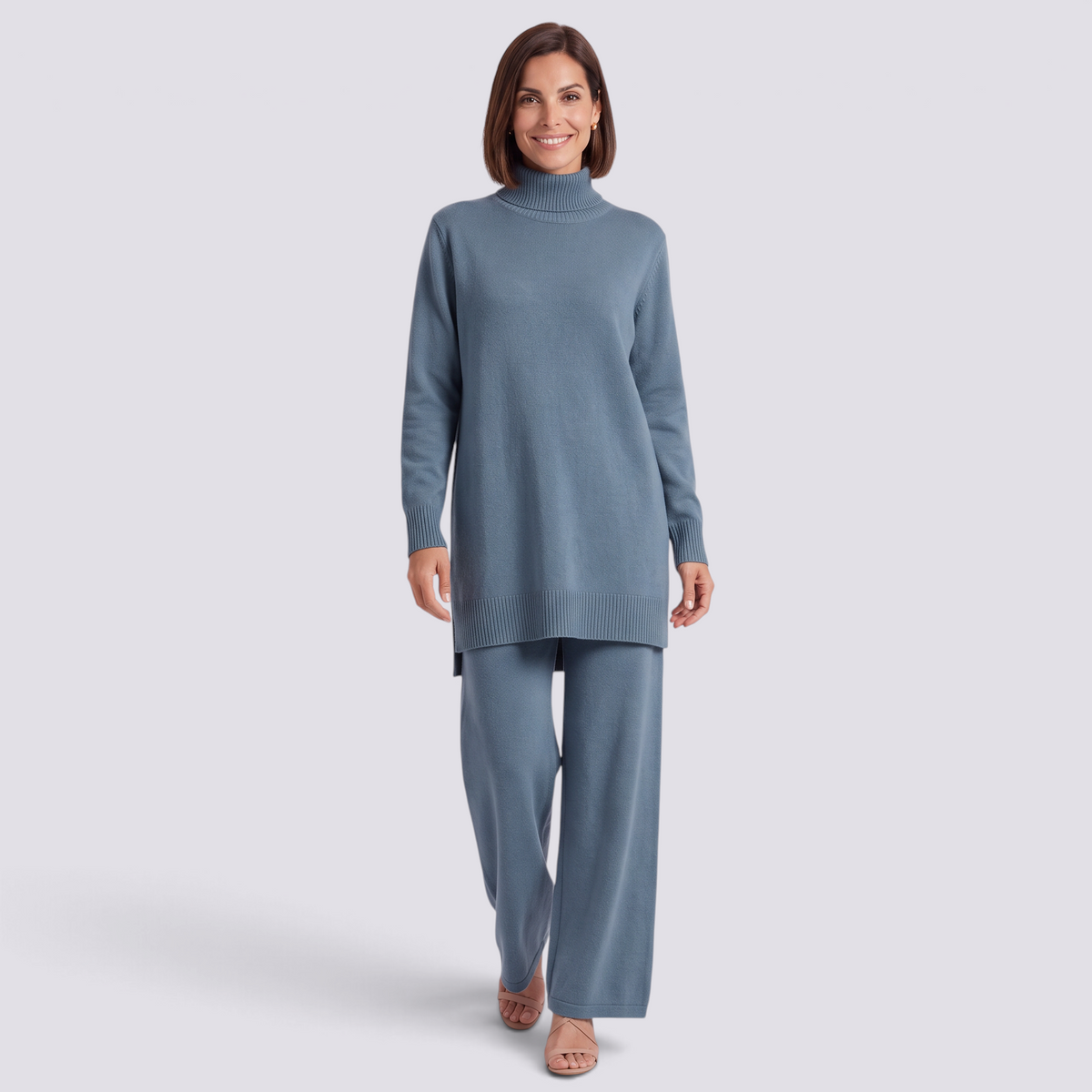 Conjunto jersey largo y pantalón ancho mujer en azul grisáceo, vista frontal