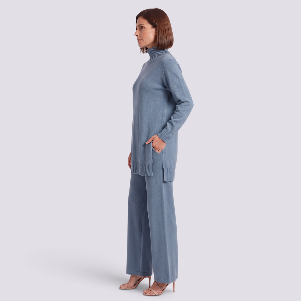 Conjunto jersey largo y pantalón ancho mujer en azul grisáceo, vista lateral