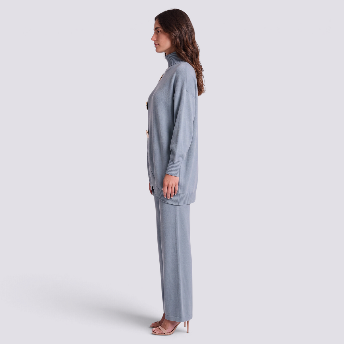 Conjunto mujer jersey cruzado con botones dorados, Azul Claro, vista lateral