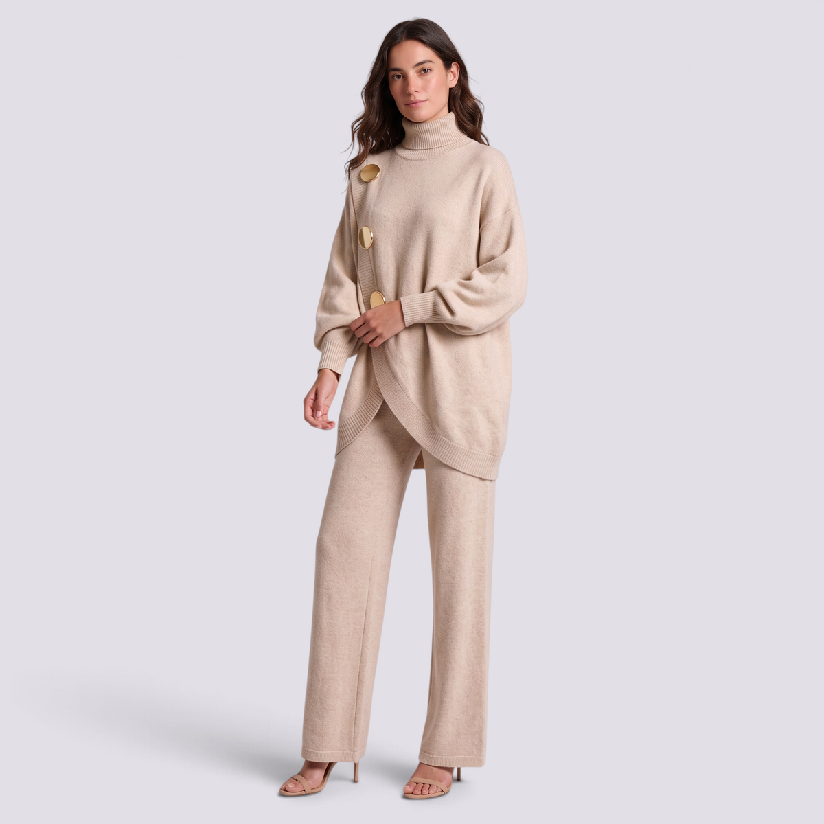 Conjunto mujer jersey cruzado con botones dorados, Beige, vista frontal