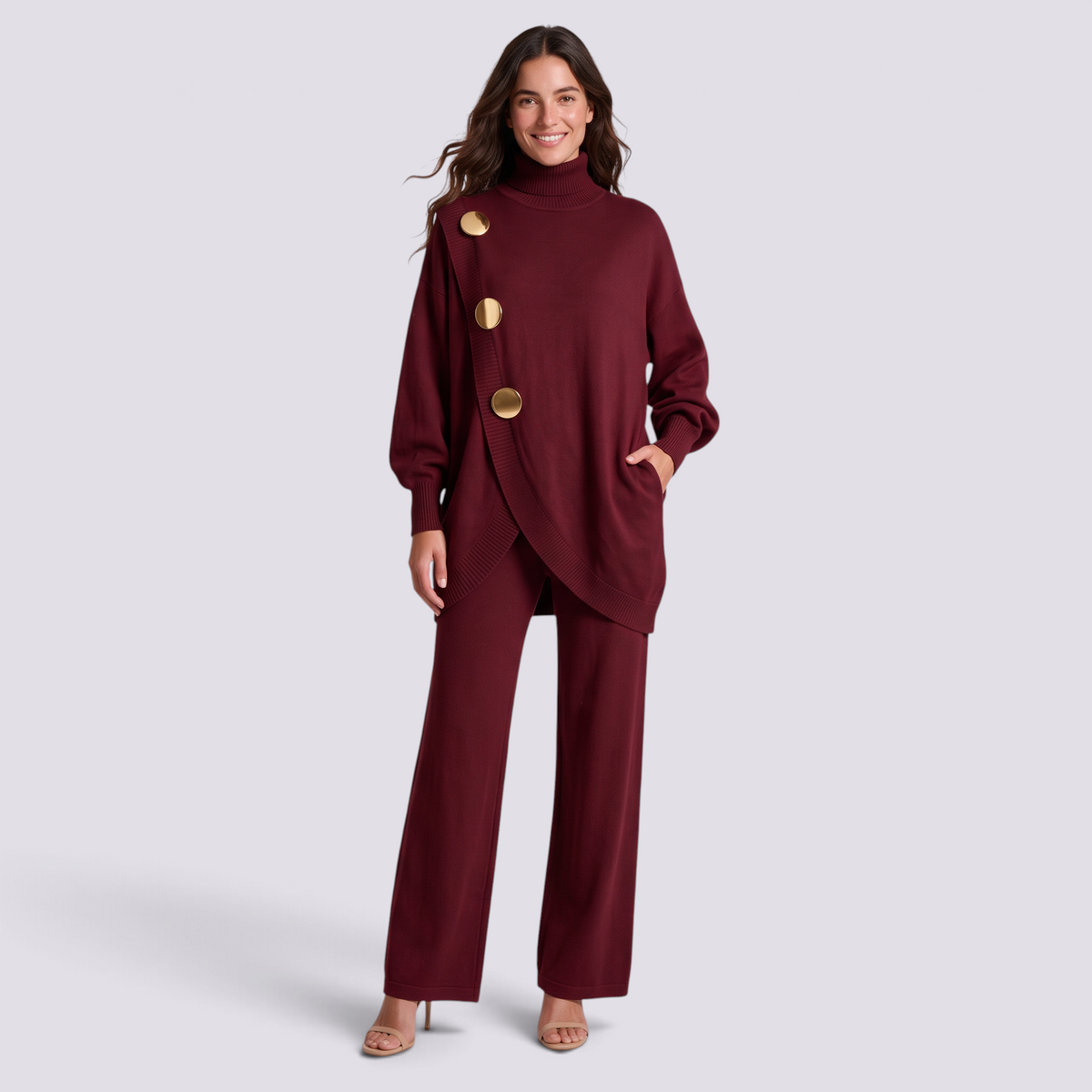 Conjunto mujer jersey cruzado con botones dorados, Burdeos, vista frontal