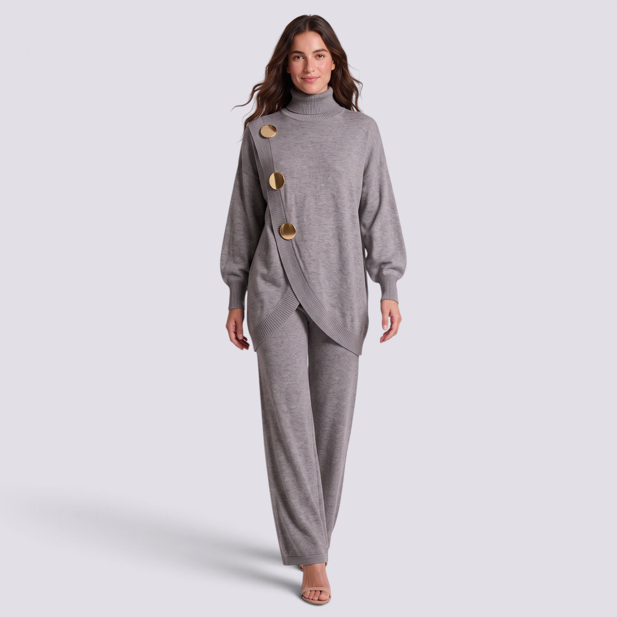 Conjunto mujer jersey cruzado con botones dorados, Gris, vista frontal