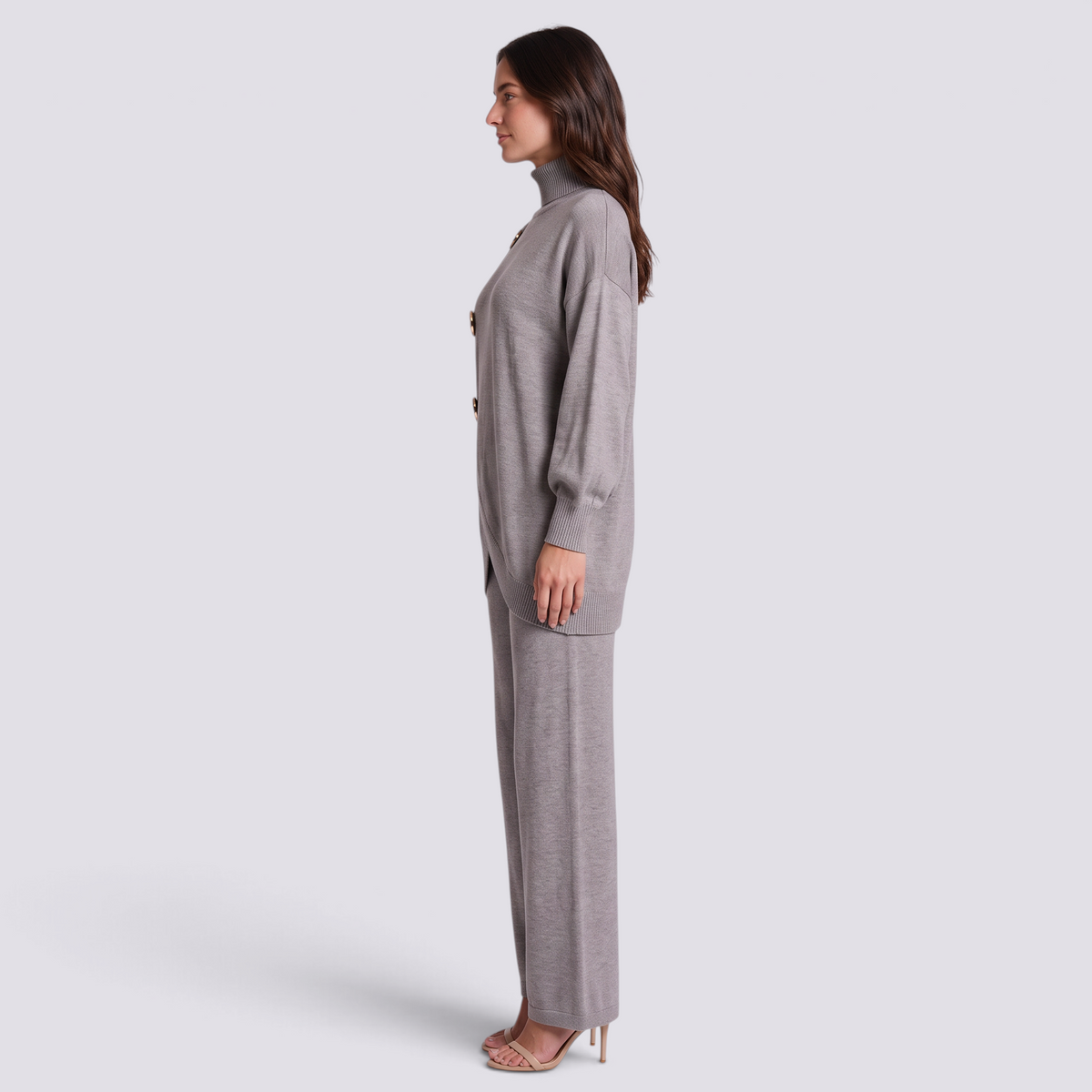 Conjunto mujer jersey cruzado con botones dorados, Gris, vista lateral