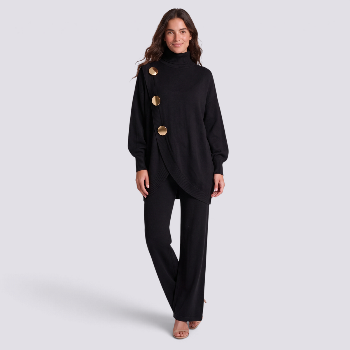 Conjunto mujer jersey cruzado con botones dorados, Negro, vista frontal
