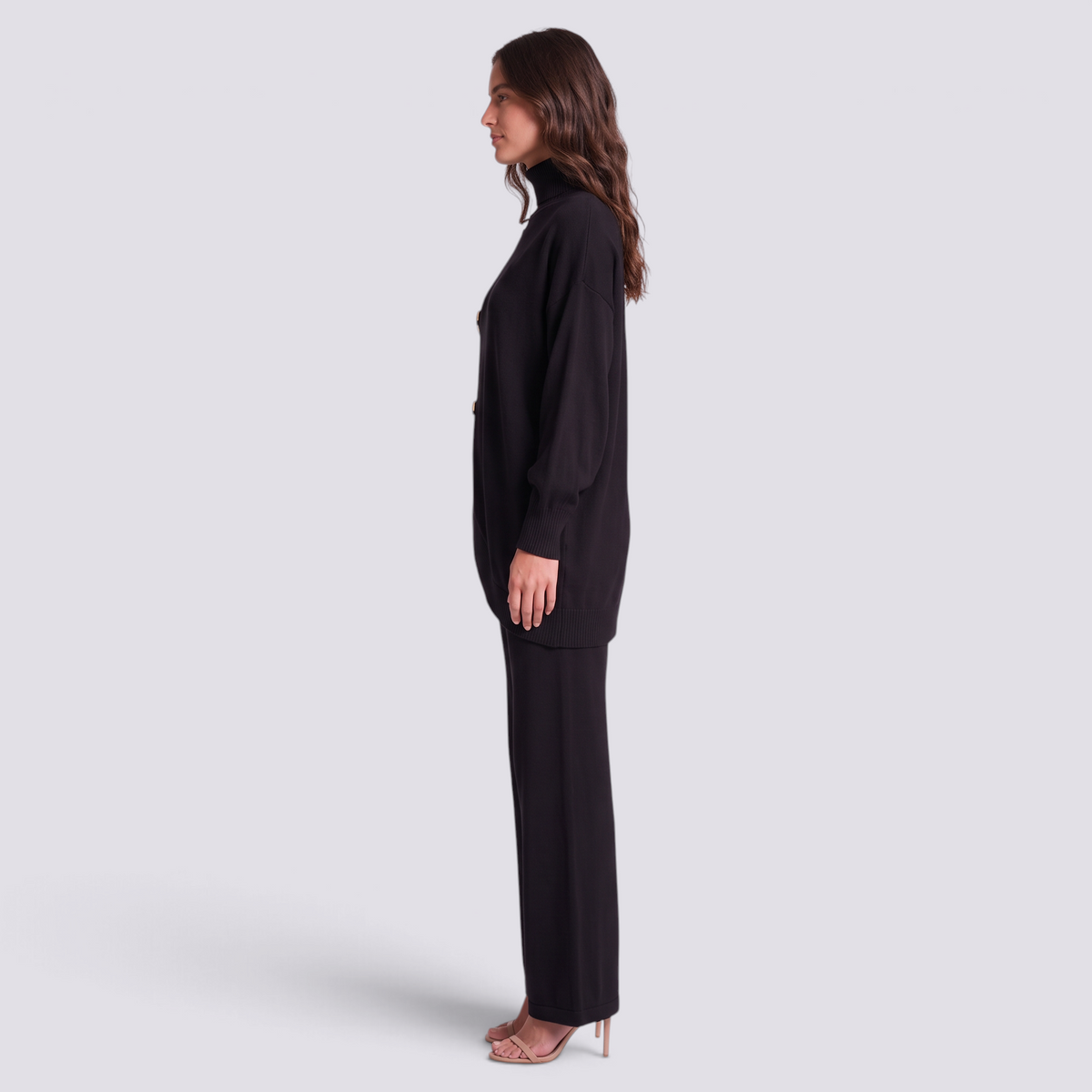 Conjunto mujer jersey cruzado con botones dorados, Negro, vista lateral