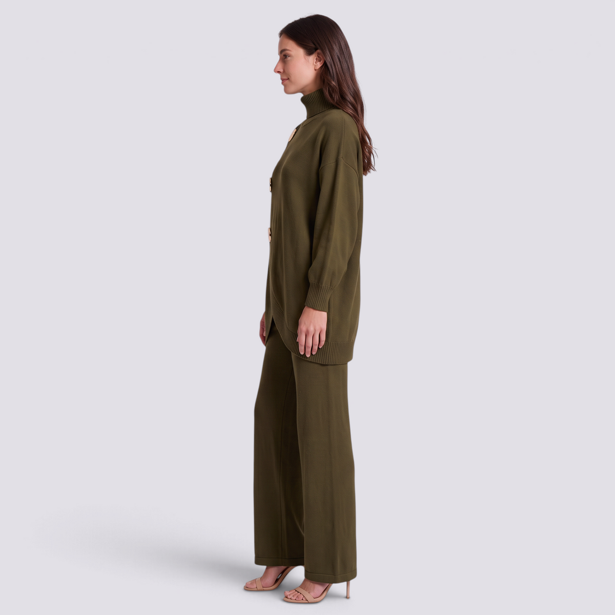 Conjunto mujer jersey cruzado con botones dorados, Verde Oliva, vista lateral