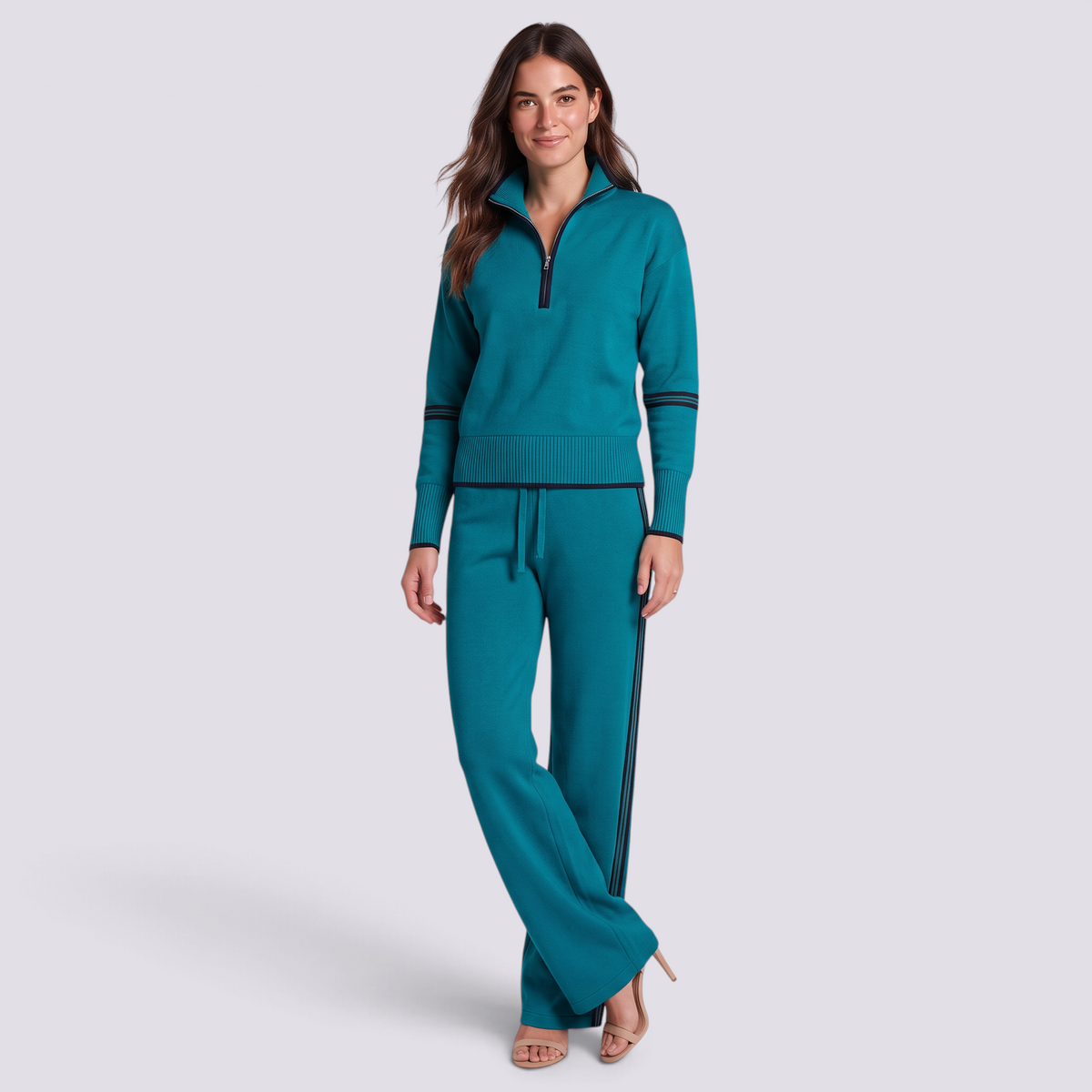 Conjunto mujer media cremallera y pantalón ancho azul petróleo, vista frontal