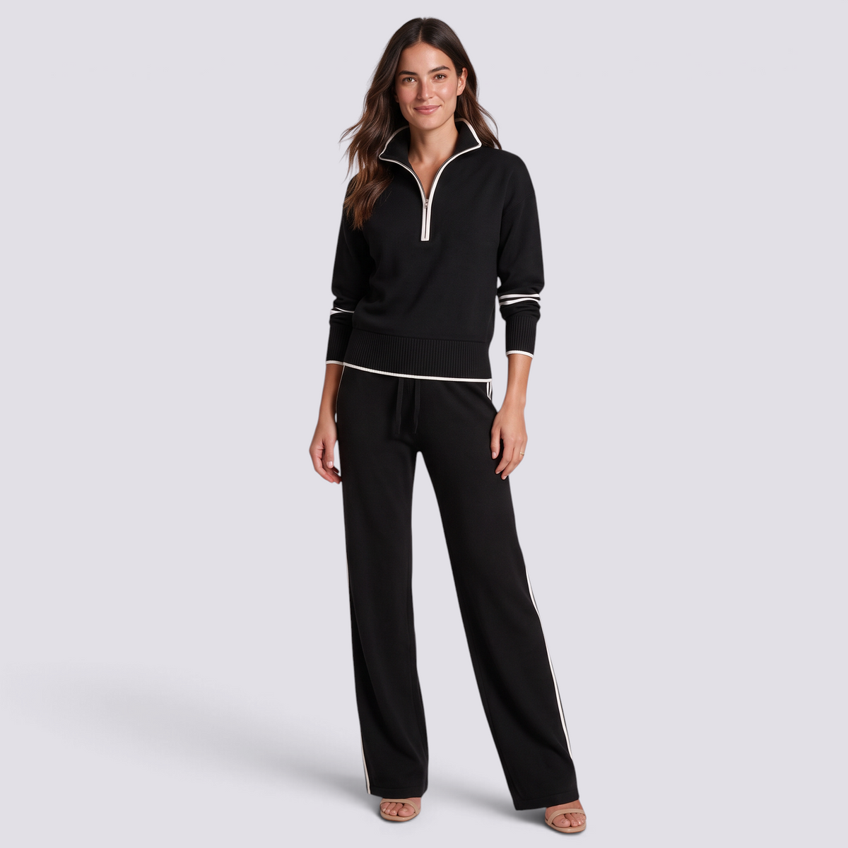 Conjunto mujer media cremallera y pantalón ancho negro, vista frontal