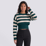 Conjunto de punto mujer jersey corto de rayas crema y verde botella, vista frontal