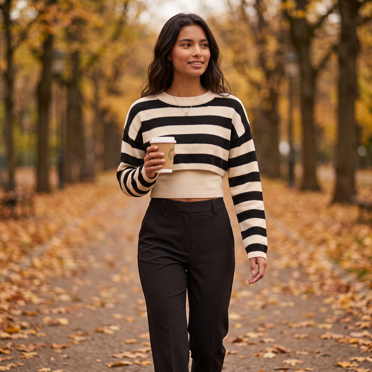 Conjunto de punto mujer jersey corto de rayas crema y negro, look de otoño en el parque