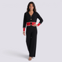 Conjunto punto mujer cárdigan bicolor y pantalón ancho en color negro con detalles rojos, vista frontal