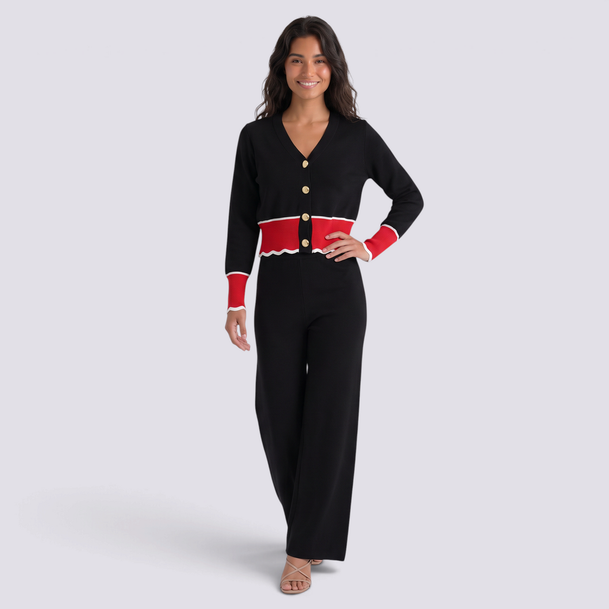 Conjunto punto mujer cárdigan bicolor y pantalón ancho en color negro con detalles rojos, vista frontal